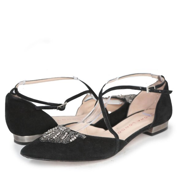 Sacha London Suede d'Orsay Ballerina Flats Beaded Point Toe Strappy Black Silver - Picture 1 of 8